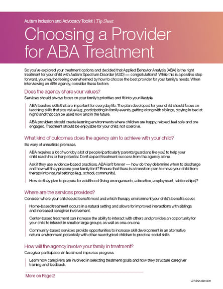 Choosing a Provider for ABA Treatment | Tip Sheet
