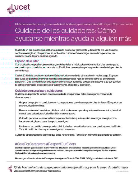 Cuidado de los cuidadores: Cómo ayudarse mientras ayuda a alguien más | Hoja con consejos