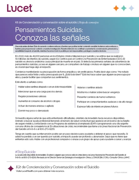 Pensamientos Suicidas: Conozca las señales | Hoja de consejos