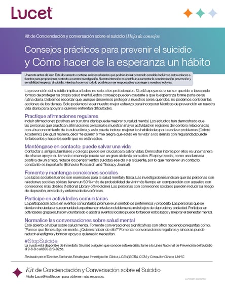 Consejos prácticos para prevenir el suicidio y Cómo hacer de la esperanza un hábito | Hoja de consejos