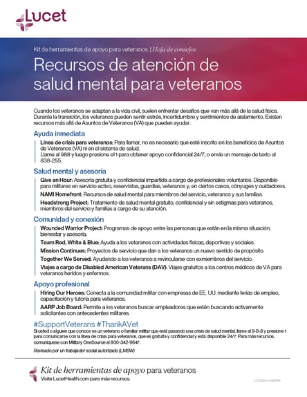 Recursos de atención de salud mental para veteranos | Hoja de consejos